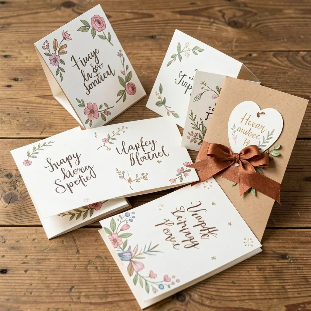 Handcrafted greeting cards displayed on a wooden surface