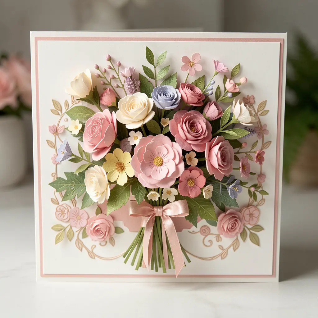 Intricate 3D pop-up card featuring a floral bouquet design