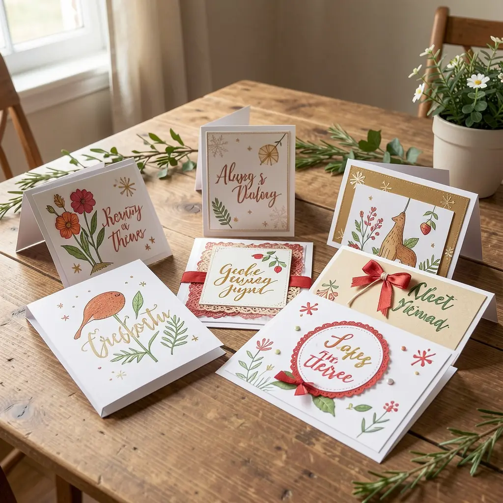 Collection of seasonal handmade greeting cards arranged on a table