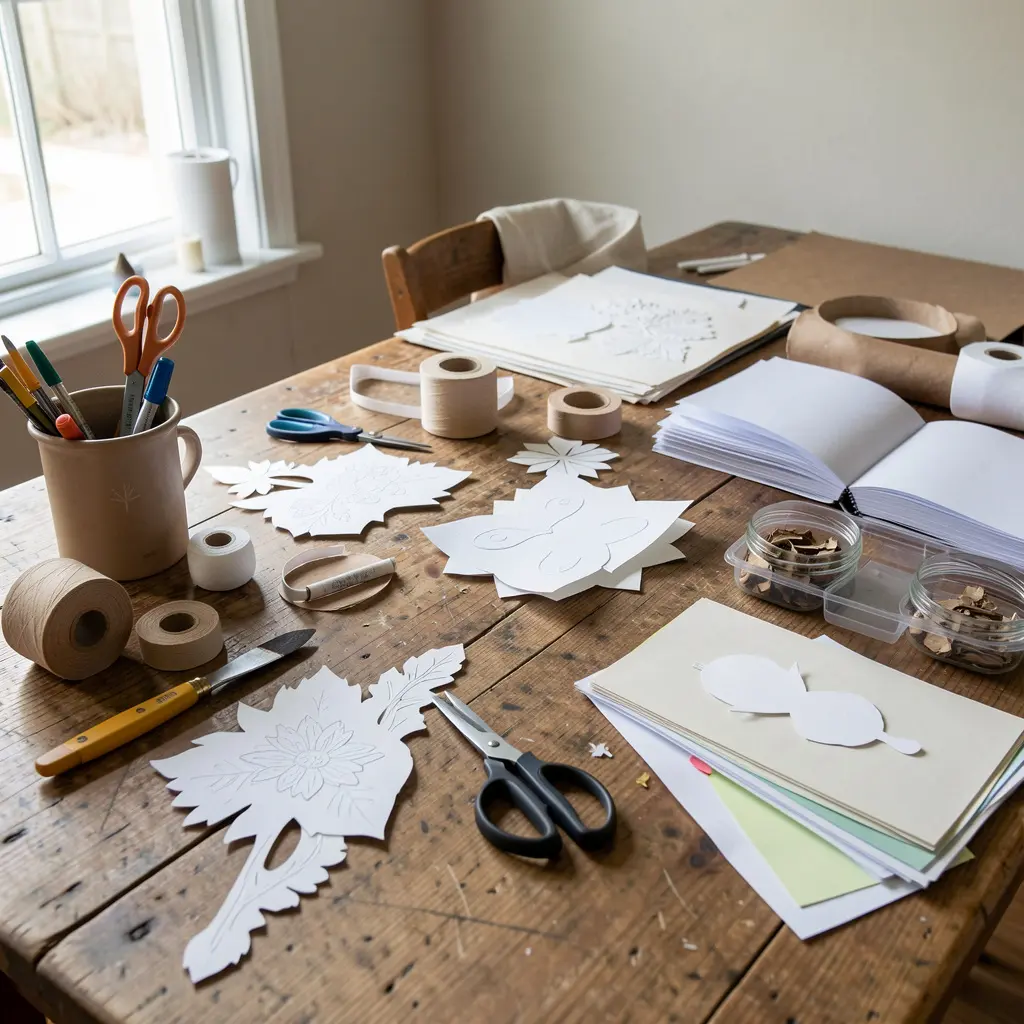 Our paper craft workshop with tools and materials on a wooden table